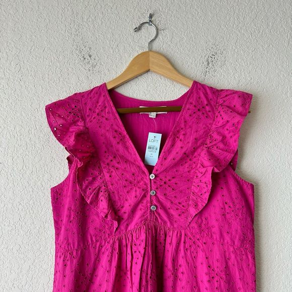 NWT LOFT Lined Petite Eyelet Button Ruffle Swing Dress in Fuchsia - Picture 3 of 12